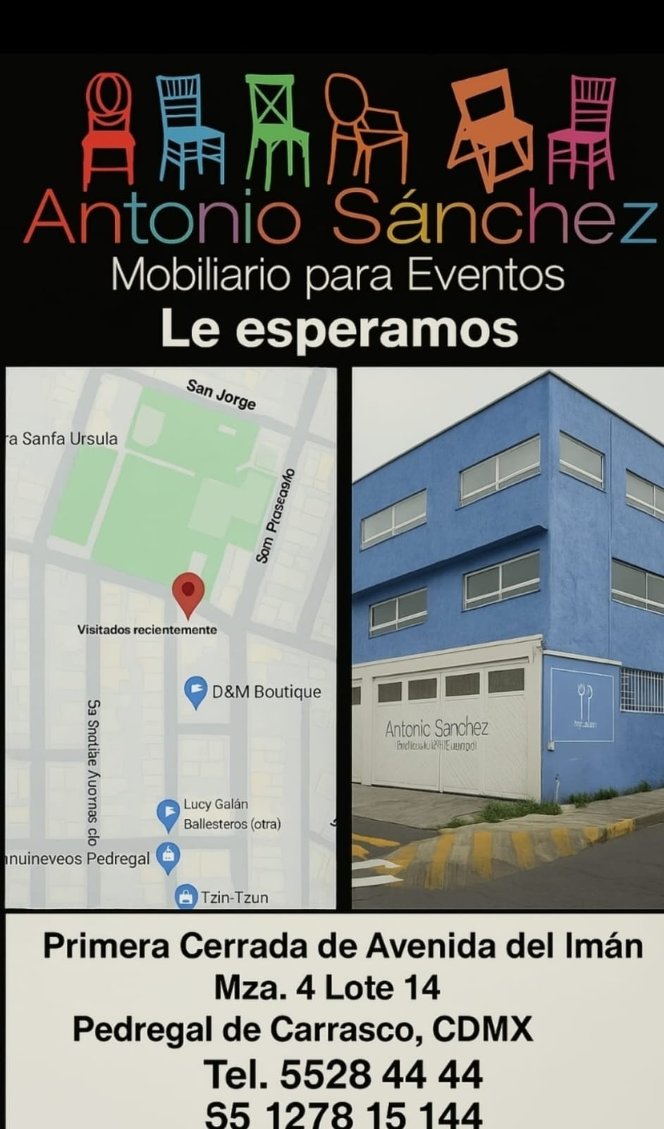 Imagen de ubicación de Antonio Sánchez Mobiliario: mapa de referencia y fachada azul de las instalaciones en Primera Cerrada de Avenida del Imán, Mza. 4 Lote 14, Pedregal de Carrasco, CDMX.